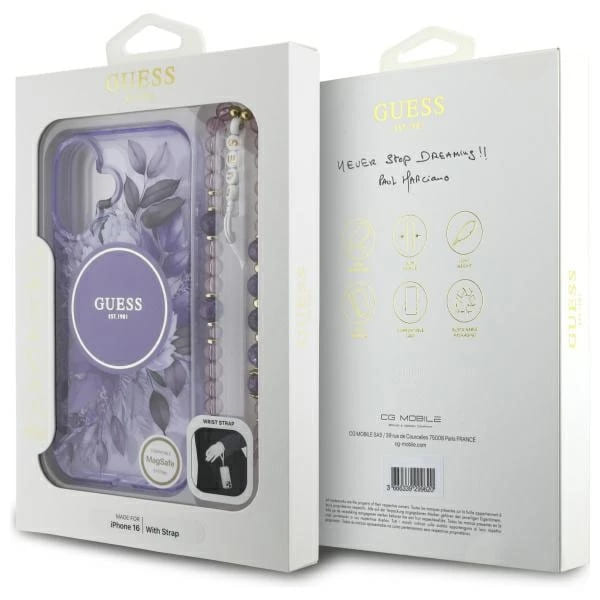 Husa MagSafe pentru Apple iPhone 16, Guess, IML Flowers with Pearl Strap, Mov
