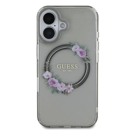 Husa MagSafe pentru Apple iPhone 16, Guess, IML Flowers Wreath, Neagra