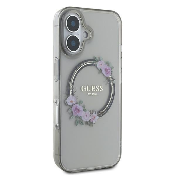 Husa MagSafe pentru Apple iPhone 16, Guess, IML Flowers Wreath, Neagra