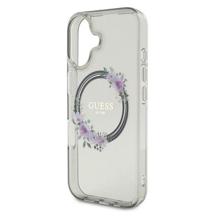 Husa MagSafe pentru Apple iPhone 16, Guess, IML Flowers Wreath, Neagra