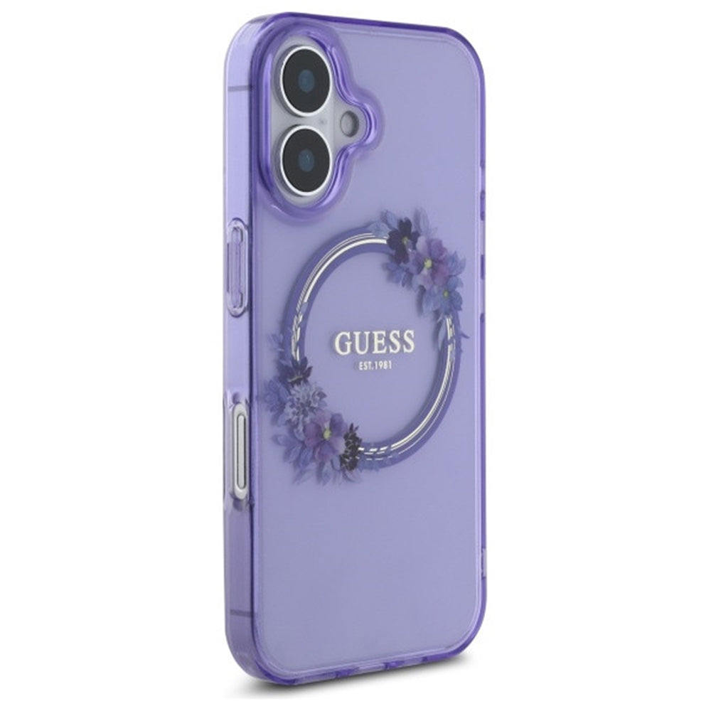 Husa MagSafe pentru Apple iPhone 16, Guess, IML Flowers Wreath, Roz