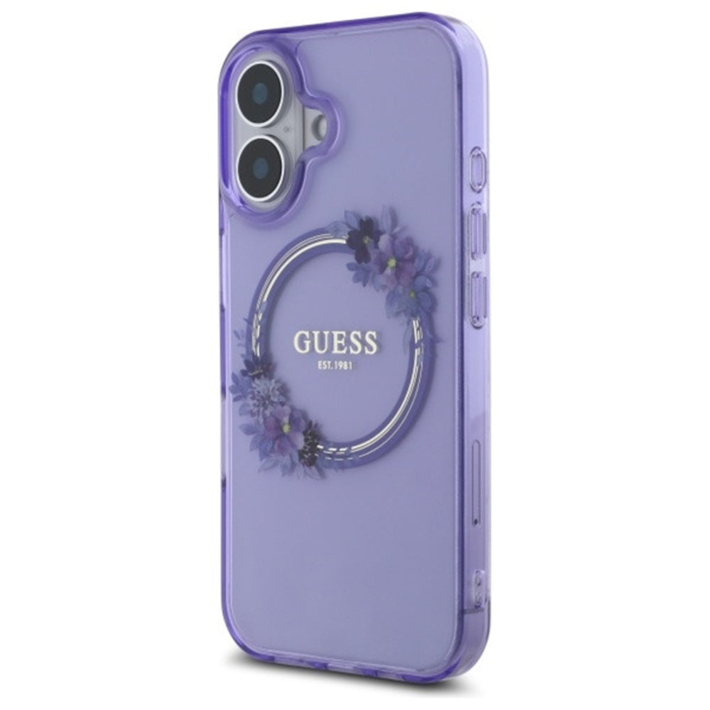 Husa MagSafe pentru Apple iPhone 16, Guess, IML Flowers Wreath, Roz
