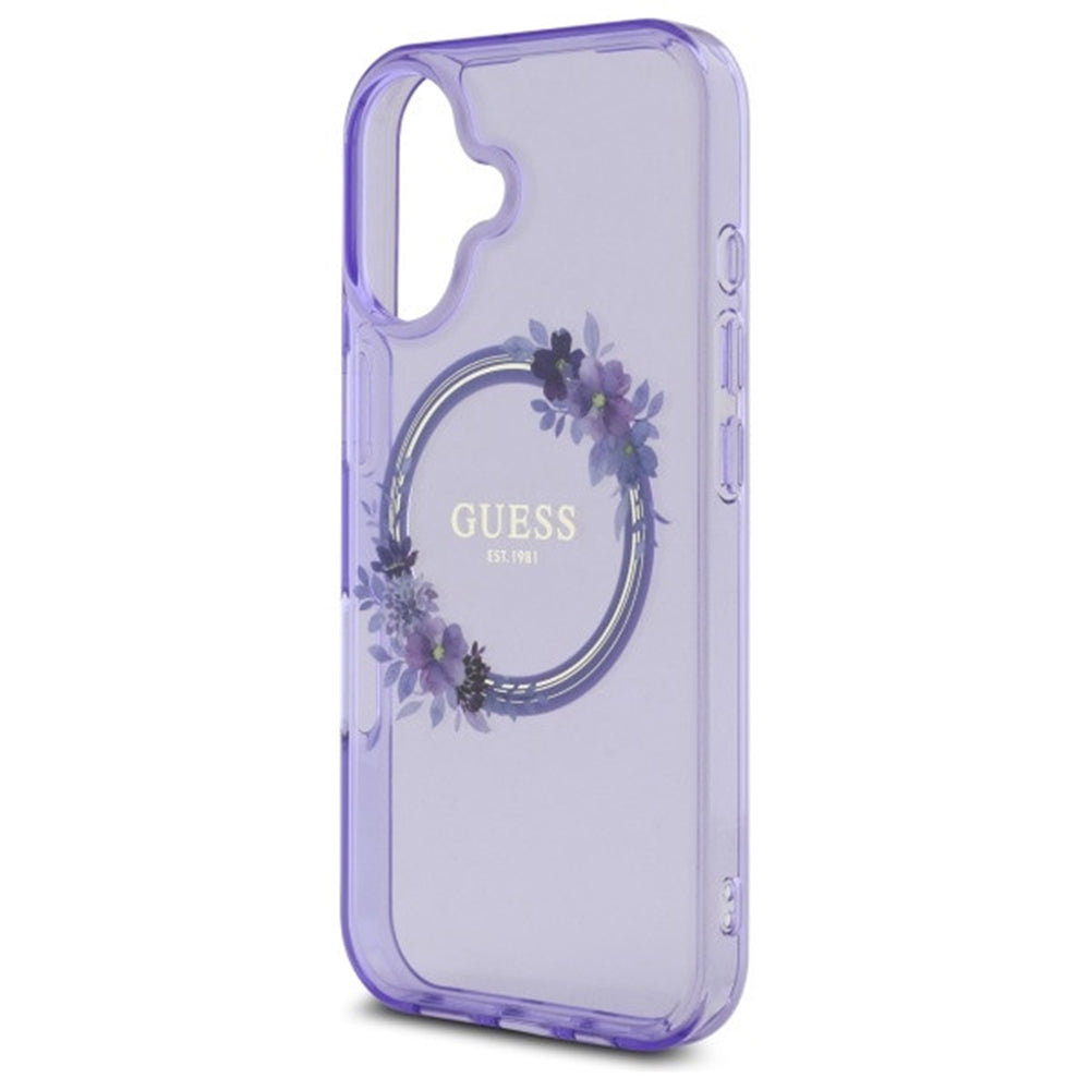 Husa MagSafe pentru Apple iPhone 16, Guess, IML Flowers Wreath, Roz