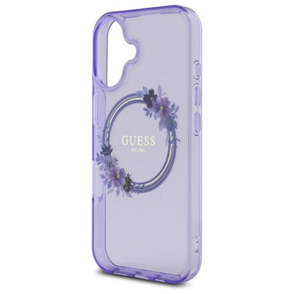 Husa MagSafe pentru Apple iPhone 16, Guess, IML Flowers Wreath, Roz