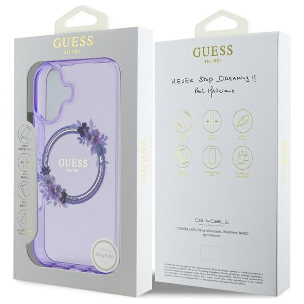 Husa MagSafe pentru Apple iPhone 16, Guess, IML Flowers Wreath, Roz