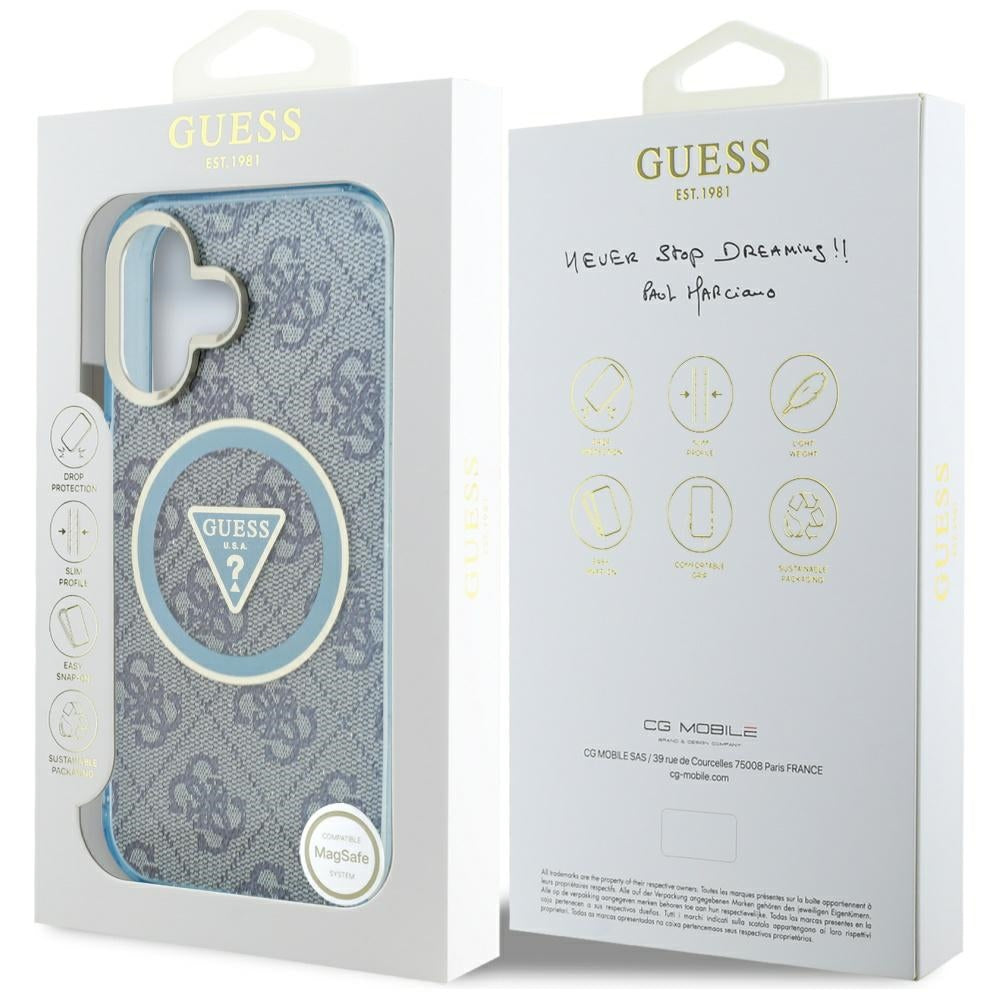 Husa MagSafe pentru Apple iPhone 16, Guess, IML Glitter 4G Circle Triangle, Albastra
