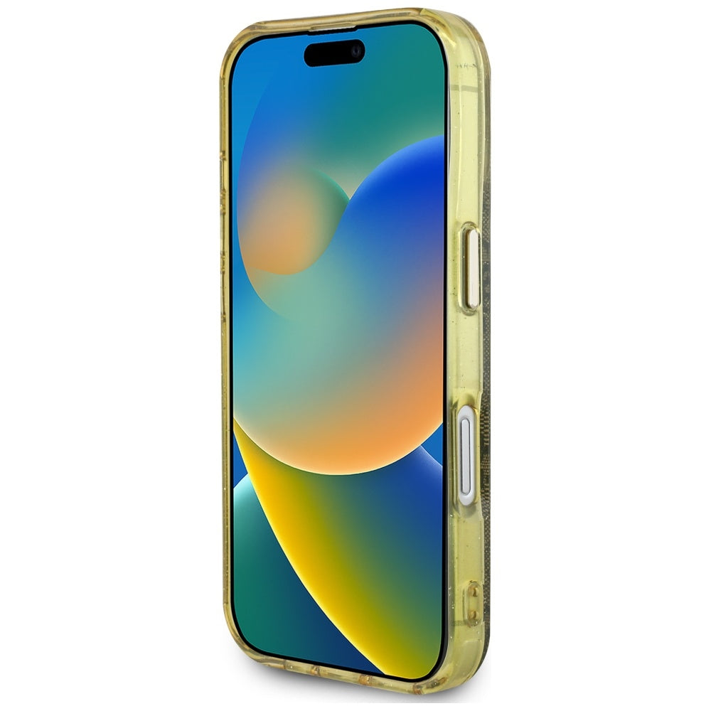 Husa MagSafe pentru Apple iPhone 16, Guess, IML Glitter 4G Circle Triangle, Maro