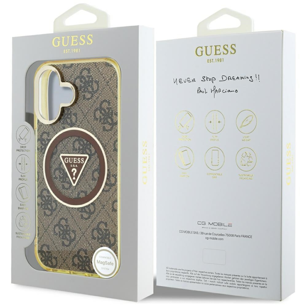 Husa MagSafe pentru Apple iPhone 16, Guess, IML Glitter 4G Circle Triangle, Maro