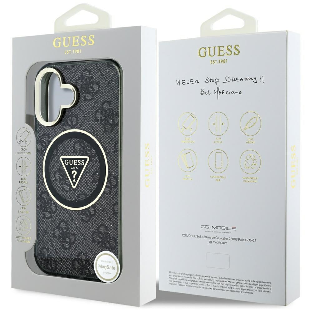 Husa MagSafe pentru Apple iPhone 16, Guess, IML Glitter 4G Circle Triangle, Neagra