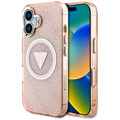 Husa MagSafe pentru Apple iPhone 16, Guess, IML Glitter 4G Circle Triangle, Roz