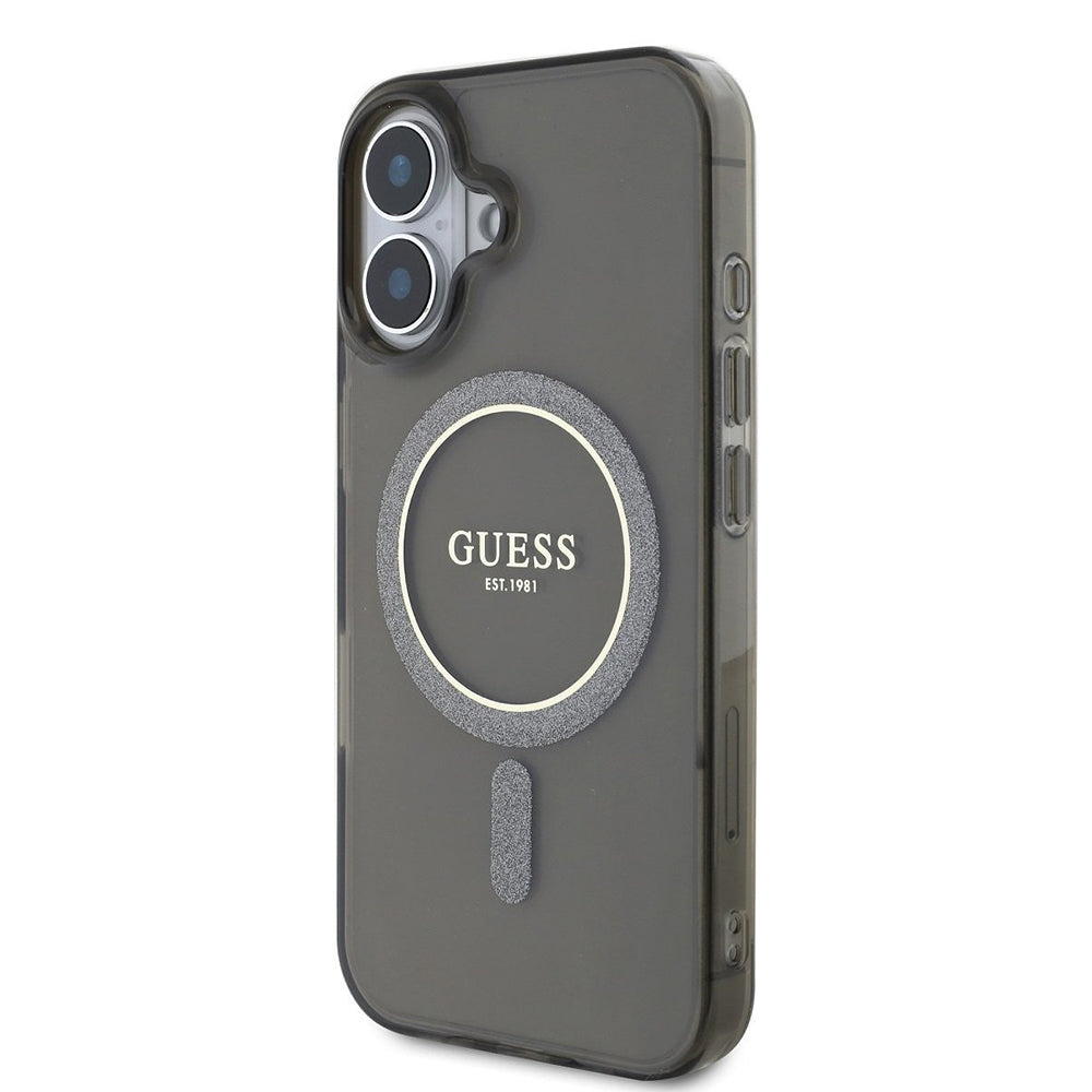 Husa MagSafe pentru Apple iPhone 16, Guess, IML Glitter Circle, Neagra