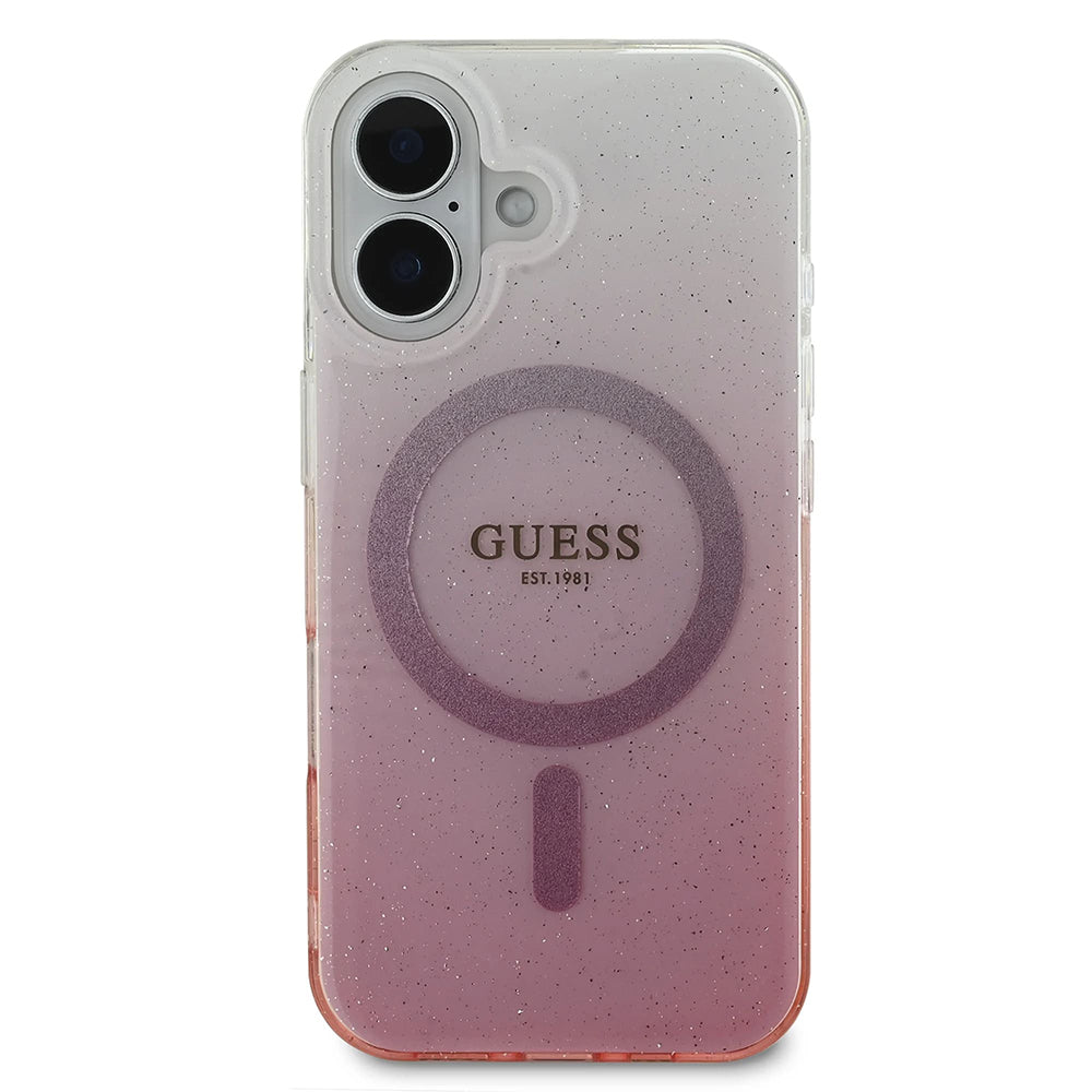 Husa MagSafe pentru Apple iPhone 16, Guess, IML Glitter Gradient, Roz