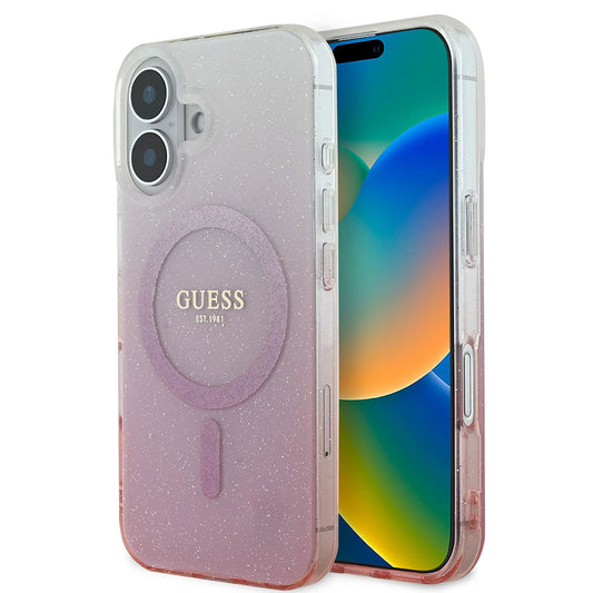 Husa MagSafe pentru Apple iPhone 16, Guess, IML Glitter Gradient, Roz