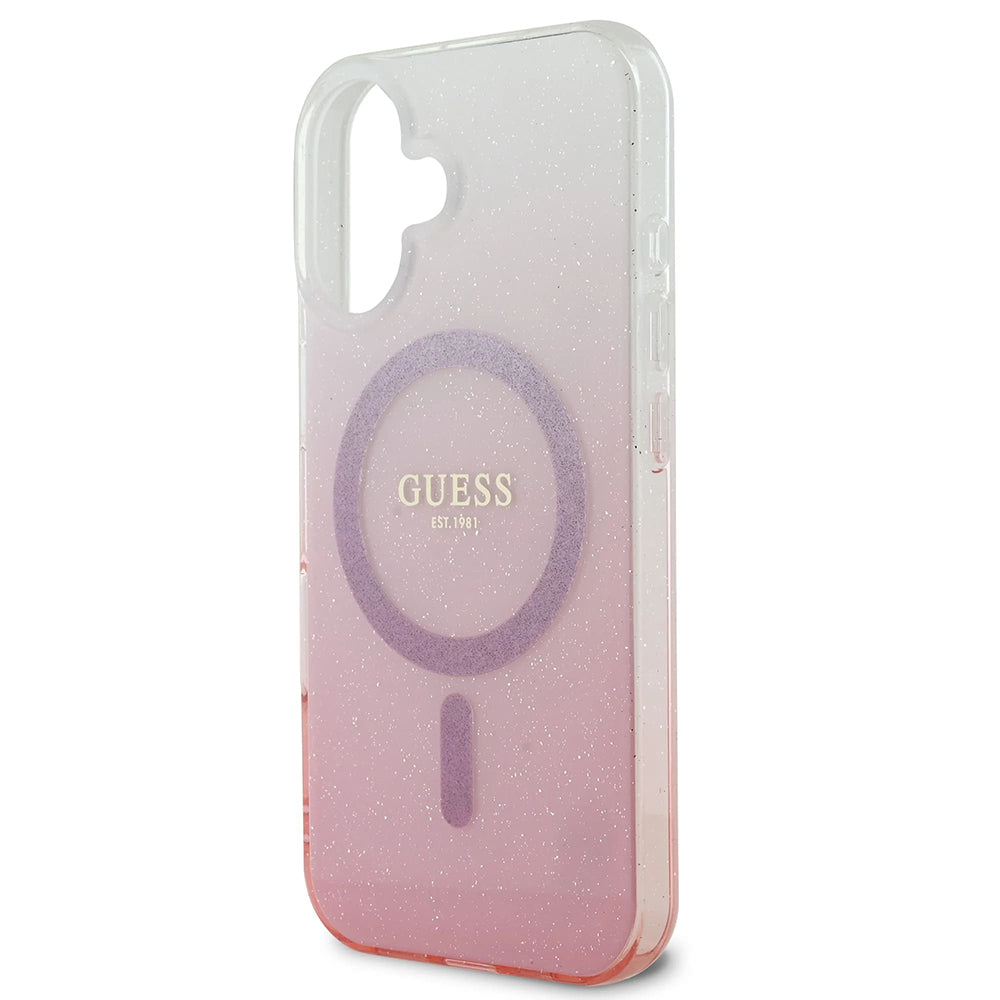 Husa MagSafe pentru Apple iPhone 16, Guess, IML Glitter Gradient, Roz
