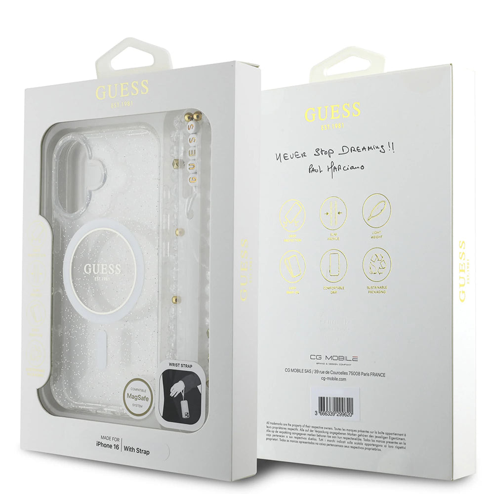 Husa MagSafe pentru Apple iPhone 16, Guess, IML Glitter with Pearl Strap, Transparenta
