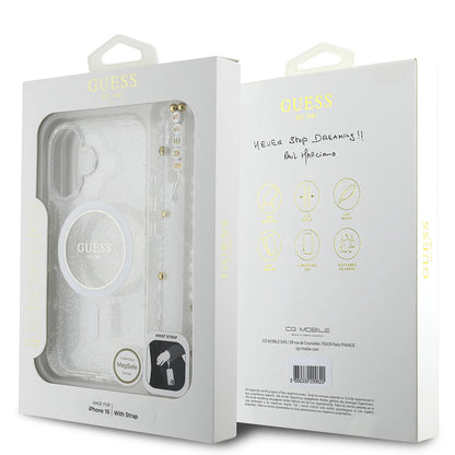 Husa MagSafe pentru Apple iPhone 16, Guess, IML Glitter with Pearl Strap, Transparenta