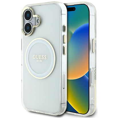 Husa MagSafe pentru Apple iPhone 16, Guess, IML Metal Colored Circle, Alba
