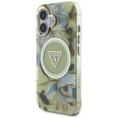 Husa MagSafe pentru Apple iPhone 16, Guess, IML Metal Glitter Flowers Triangle, Verde