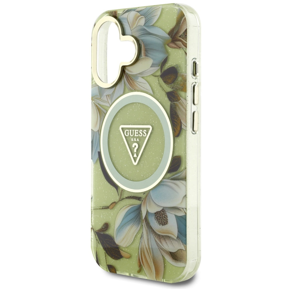 Husa MagSafe pentru Apple iPhone 16, Guess, IML Metal Glitter Flowers Triangle, Verde