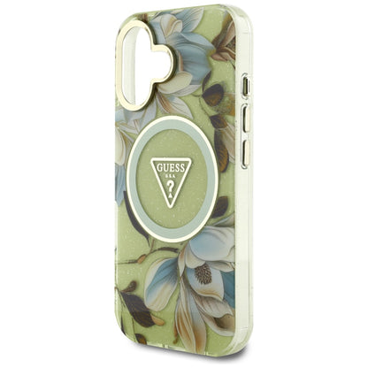 Husa MagSafe pentru Apple iPhone 16, Guess, IML Metal Glitter Flowers Triangle, Verde