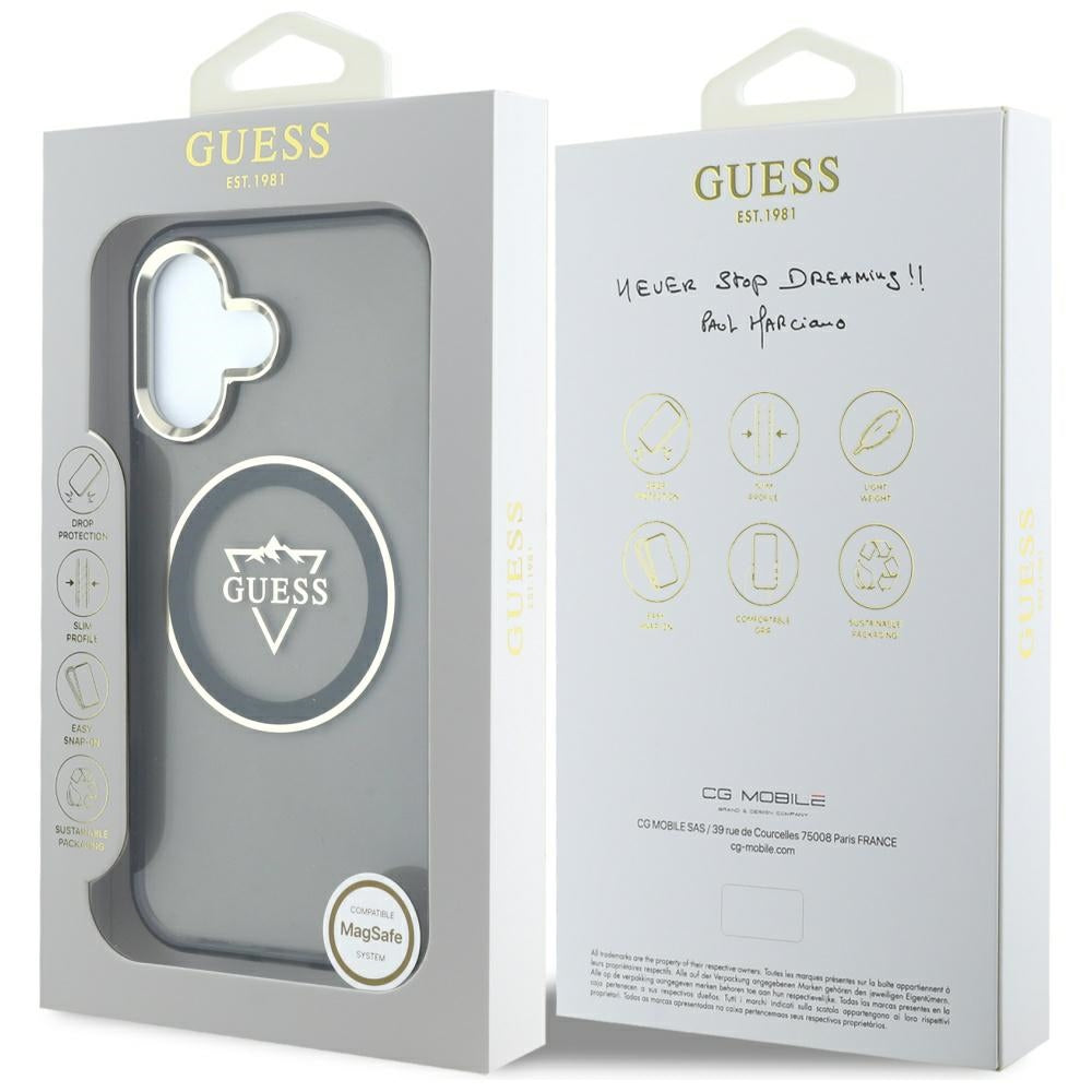 Husa MagSafe pentru Apple iPhone 16, Guess, IML Metal Mountain Logo, Neagra