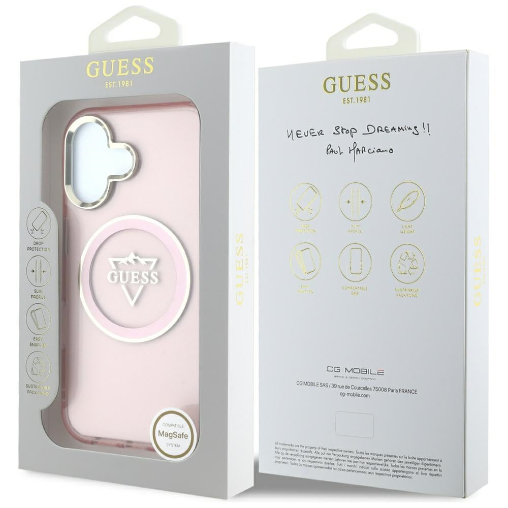 Husa MagSafe pentru Apple iPhone 16, Guess, IML Metal Mountain Logo, Roz
