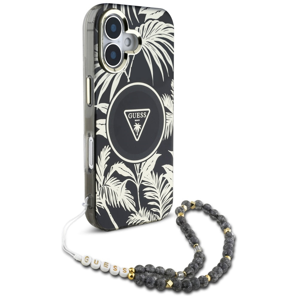 Husa MagSafe pentru Apple iPhone 16, Guess, IML Palm Trees Triangle with Pearl Strap, Neagra