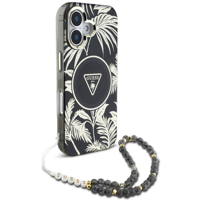 Husa MagSafe pentru Apple iPhone 16, Guess, IML Palm Trees Triangle with Pearl Strap, Neagra