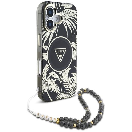Husa MagSafe pentru Apple iPhone 16, Guess, IML Palm Trees Triangle with Pearl Strap, Neagra