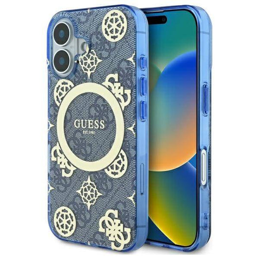Husa MagSafe pentru Apple iPhone 16, Guess, IML Peony On 4G Background , Albastra