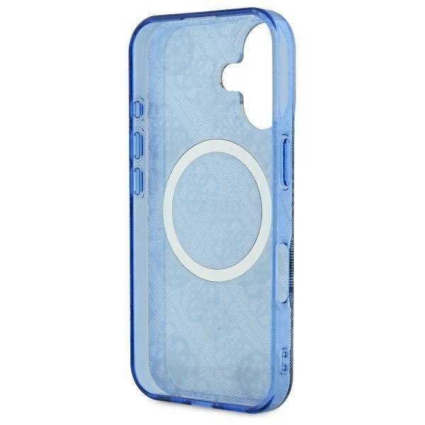 Husa MagSafe pentru Apple iPhone 16, Guess, IML Peony On 4G Background , Albastra