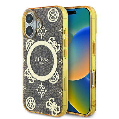Husa MagSafe pentru Apple iPhone 16, Guess, IML Peony On 4G Background, Maro