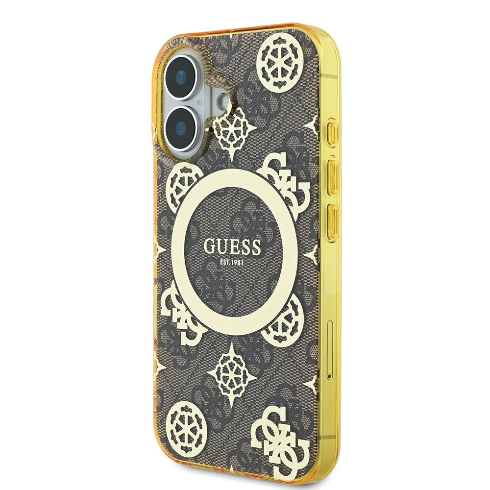 Husa MagSafe pentru Apple iPhone 16, Guess, IML Peony On 4G Background, Maro