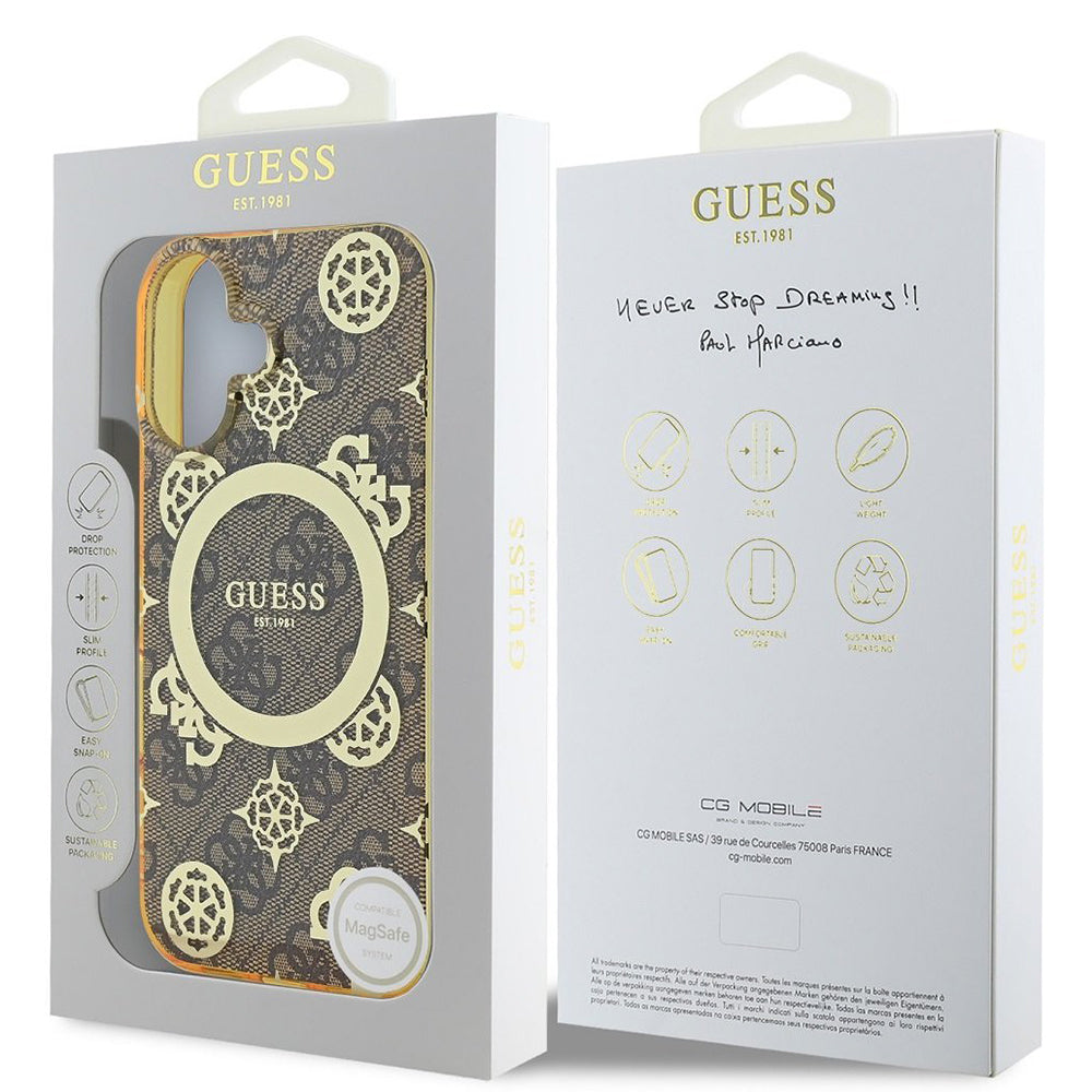 Husa MagSafe pentru Apple iPhone 16, Guess, IML Peony On 4G Background, Maro