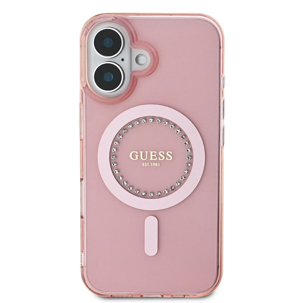 Husa MagSafe pentru Apple iPhone 16, Guess, IML Rhinestones Ring, Roz GUHMP16SPFTDTEP