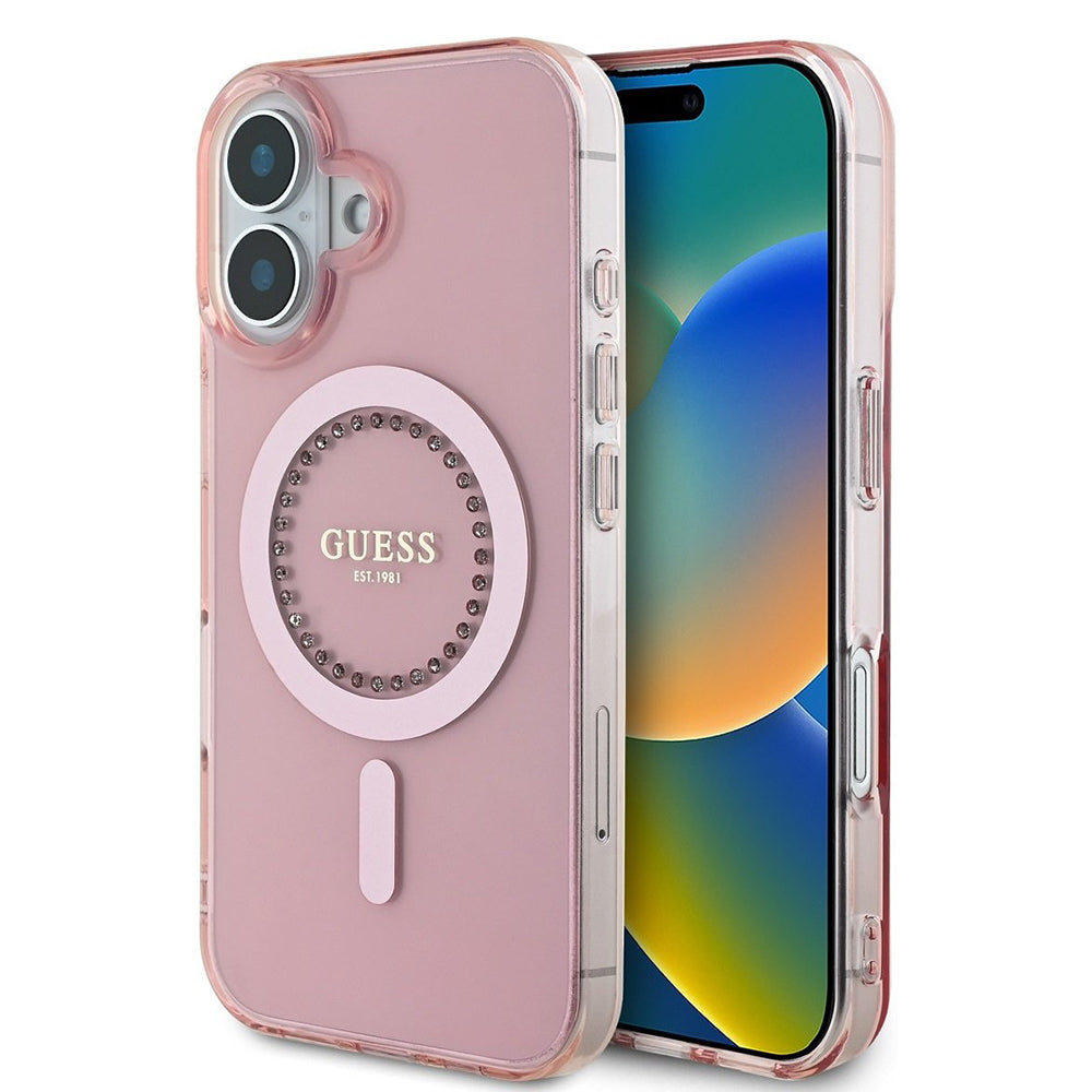 Husa MagSafe pentru Apple iPhone 16, Guess, IML Rhinestones Ring, Roz GUHMP16SPFTDTEP