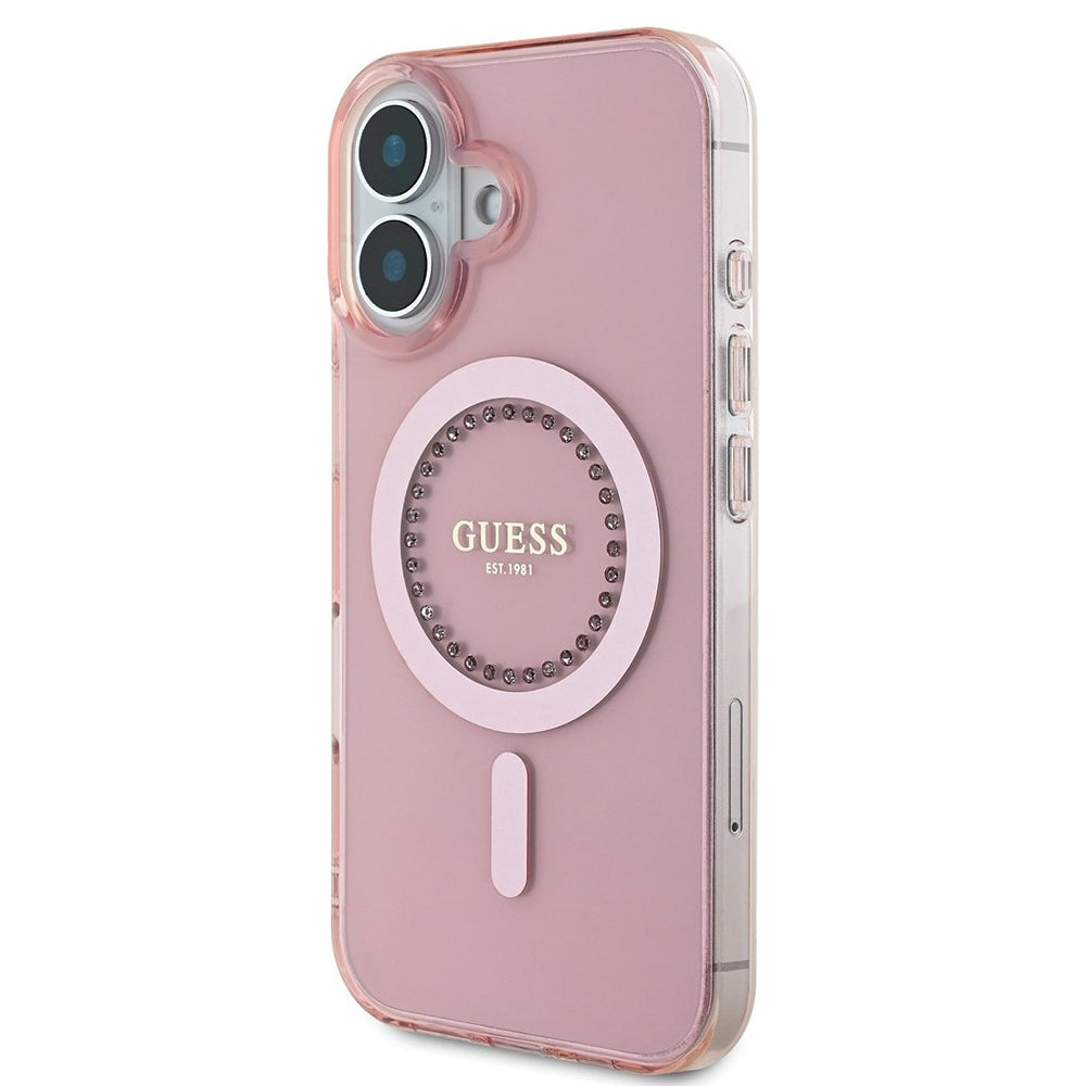 Husa MagSafe pentru Apple iPhone 16, Guess, IML Rhinestones Ring, Roz GUHMP16SPFTDTEP
