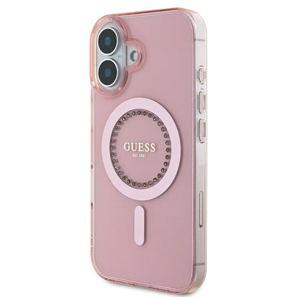 Husa MagSafe pentru Apple iPhone 16, Guess, IML Rhinestones Ring, Roz GUHMP16SPFTDTEP
