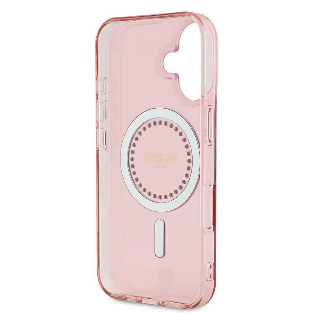 Husa MagSafe pentru Apple iPhone 16, Guess, IML Rhinestones Ring, Roz GUHMP16SPFTDTEP
