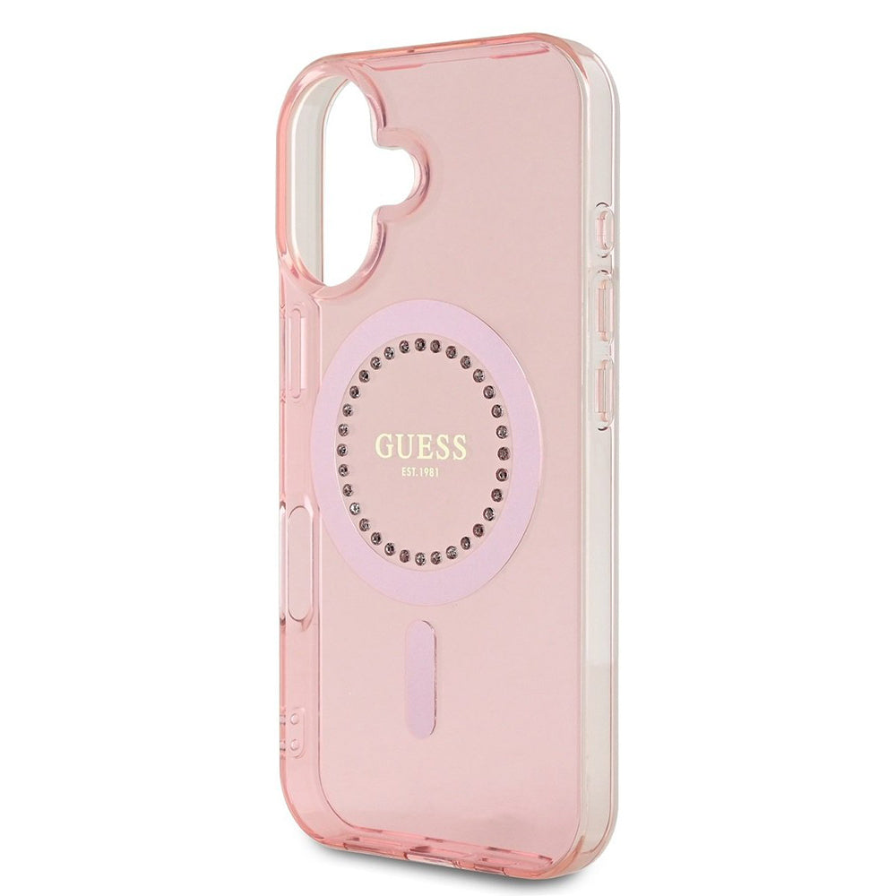 Husa MagSafe pentru Apple iPhone 16, Guess, IML Rhinestones Ring, Roz GUHMP16SPFTDTEP