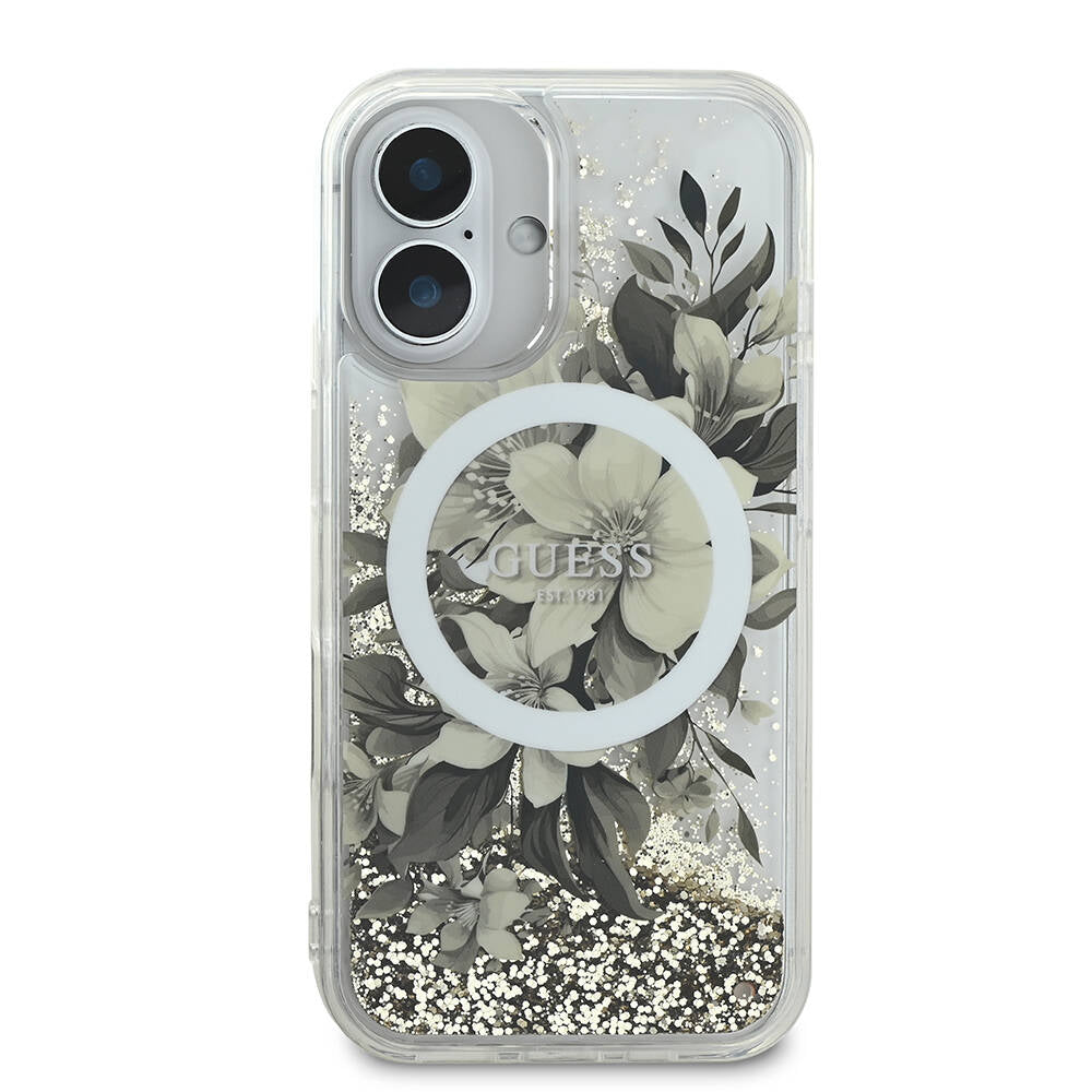 Husa MagSafe pentru Apple iPhone 16, Guess, Liquid Glitter Flower, Bej