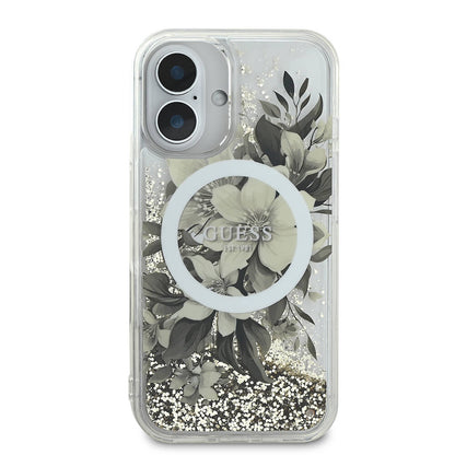 Husa MagSafe pentru Apple iPhone 16, Guess, Liquid Glitter Flower, Bej
