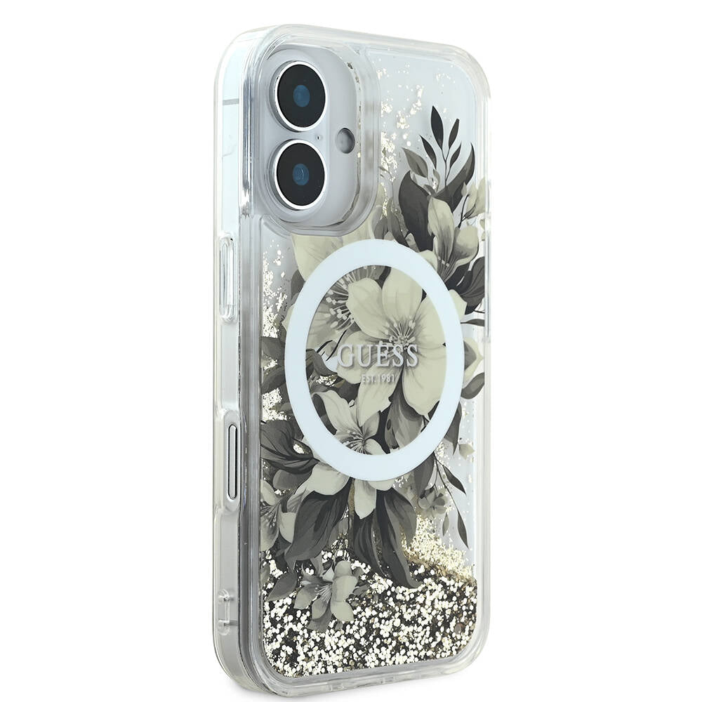 Husa MagSafe pentru Apple iPhone 16, Guess, Liquid Glitter Flower, Bej