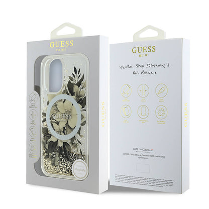 Husa MagSafe pentru Apple iPhone 16, Guess, Liquid Glitter Flower, Bej