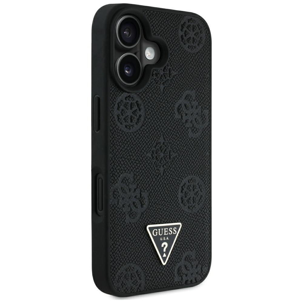 Husa MagSafe pentru Apple iPhone 16, Guess, Peony Grained Hot Stamp Triangle, Neagra