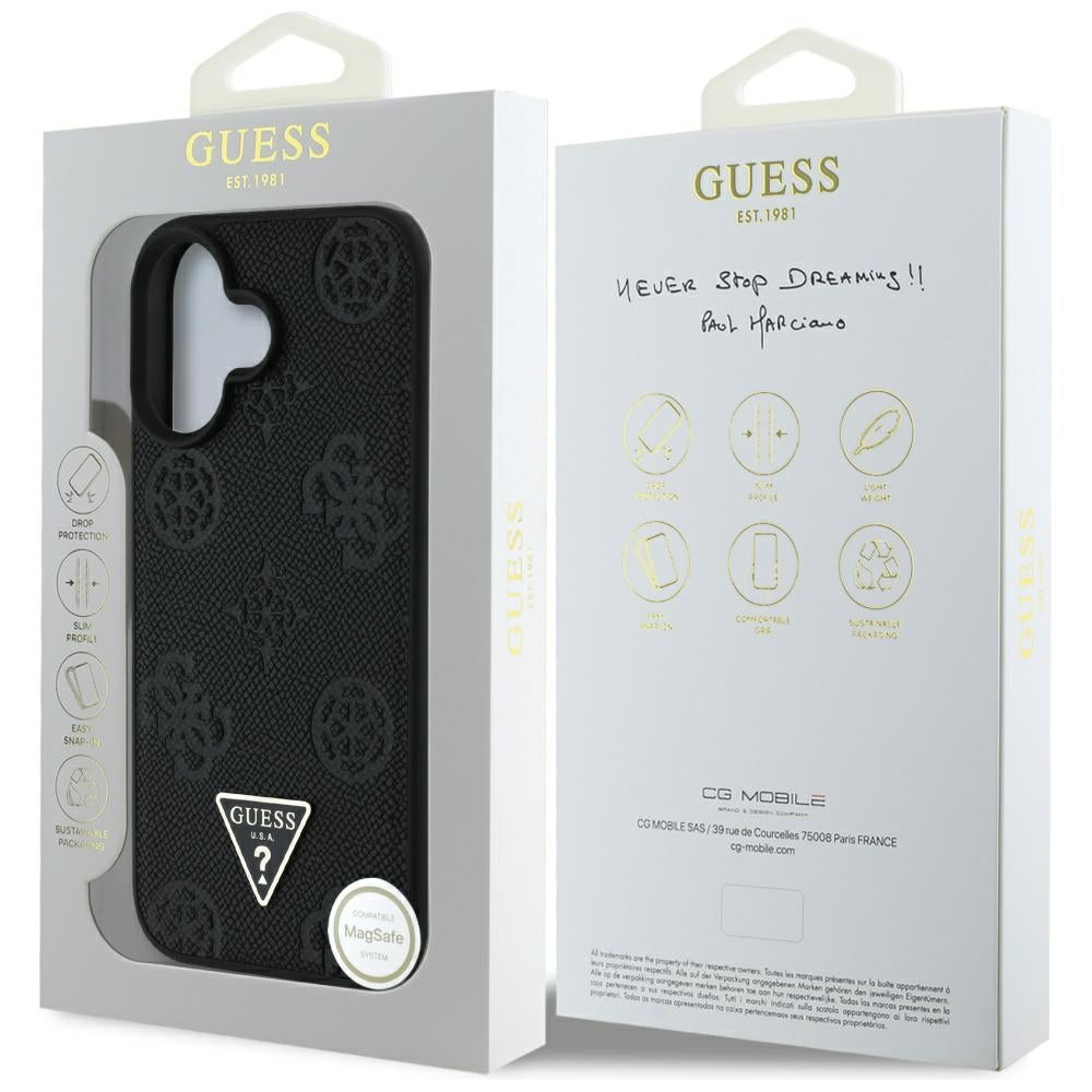 Husa MagSafe pentru Apple iPhone 16, Guess, Peony Grained Hot Stamp Triangle, Neagra