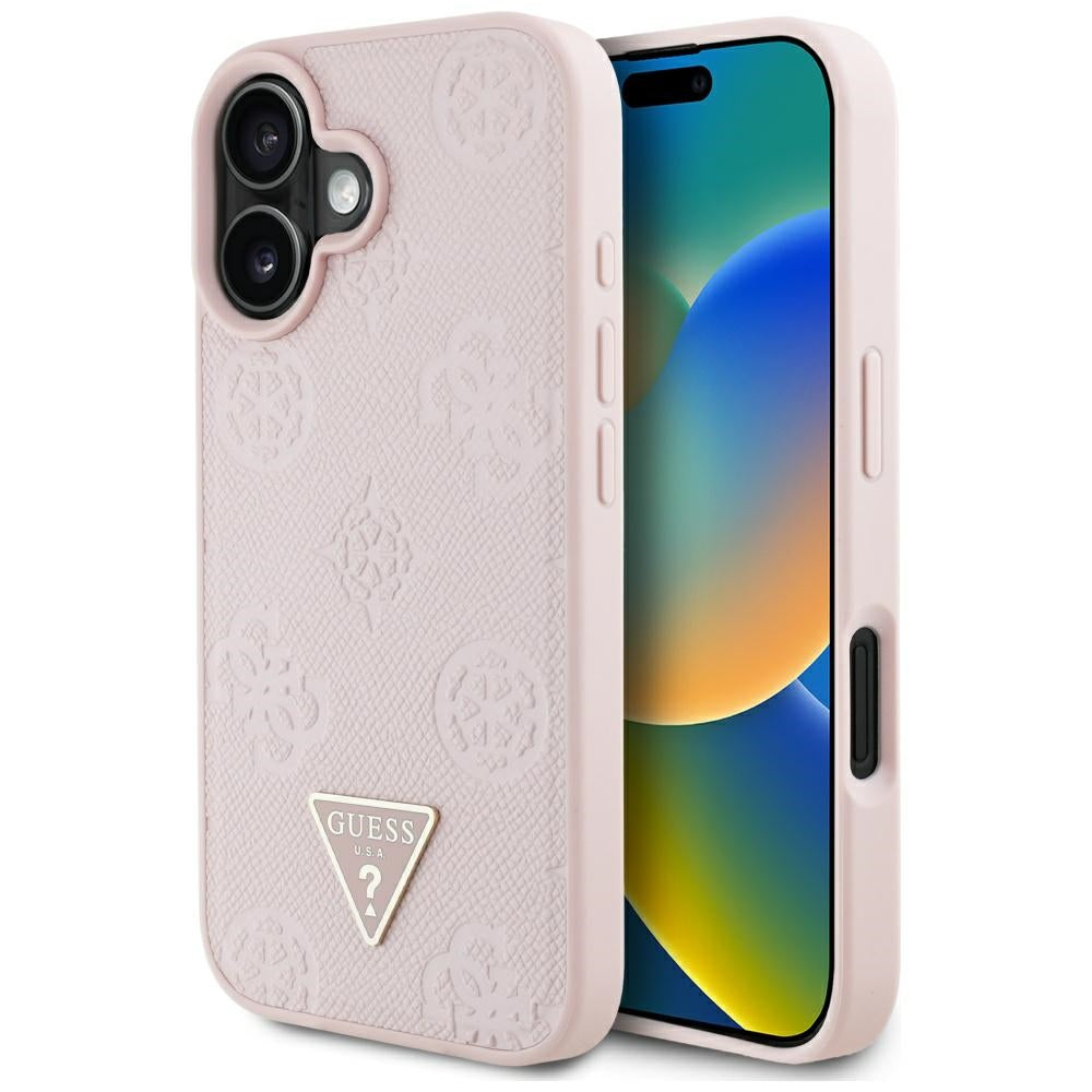 Husa MagSafe pentru Apple iPhone 16, Guess, Peony Grained Hot Stamp Triangle, Roz