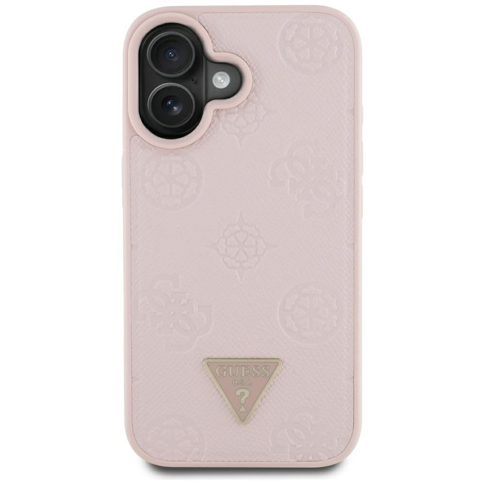 Husa MagSafe pentru Apple iPhone 16, Guess, Peony Grained Hot Stamp Triangle, Roz