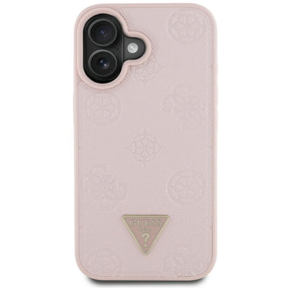 Husa MagSafe pentru Apple iPhone 16, Guess, Peony Grained Hot Stamp Triangle, Roz
