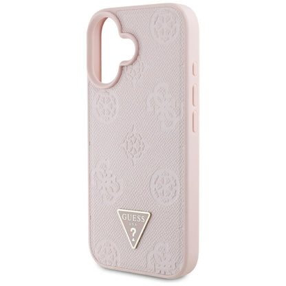 Husa MagSafe pentru Apple iPhone 16, Guess, Peony Grained Hot Stamp Triangle, Roz